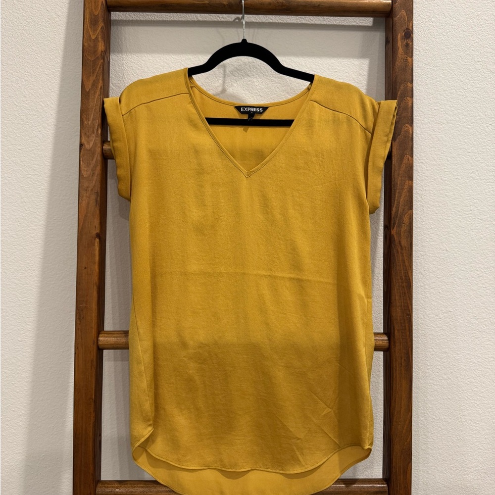 Express Women's Mustard V-Neck Rolled Sleeve Blouse